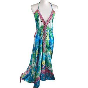 Sakkas Dress Women's Cover Up Halter Deep V Open Back Multicolor O/S Tropical